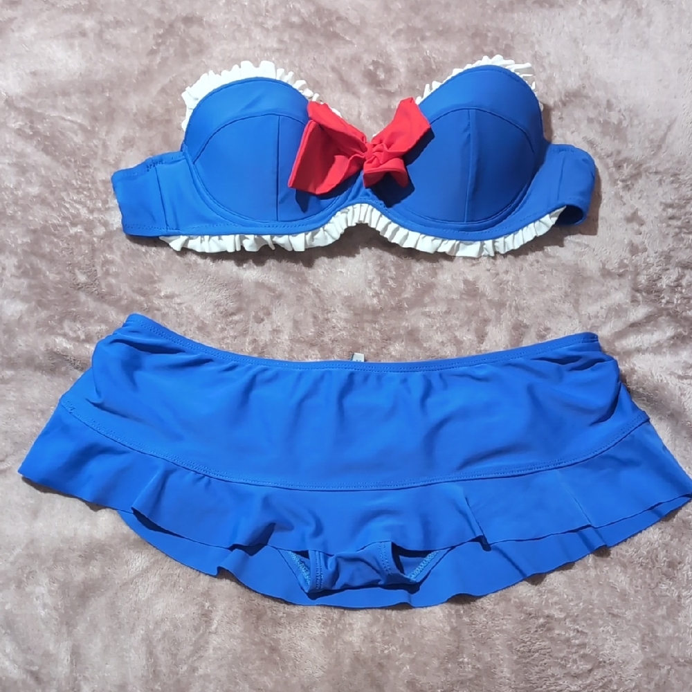 Blue Bikini Set with Red Bow